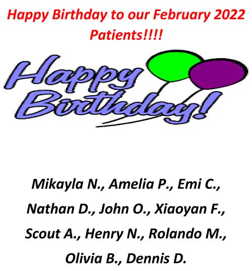 Feb-2022-Happy-Birthday.  "Happy Birthday" with baloons and patient names.