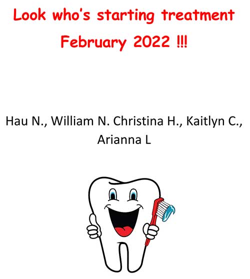 Look-who-starting-February-2022.  A smiling tooth holding a toothbrush and giving a "thumbs up" with patient names.