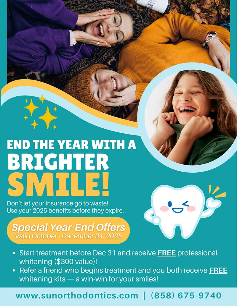 END THE YEAR WITH A BRIGHTER SMILE! Don’t let your insurance go to waste! Use your 2025 benefits before they expire. Start treatment before Dec 31 and receive FREE professional whitening ($300 value)! Refer a friend who begins treatment and you both receive FREE whitening kits — a win-win for your smiles! Offer valid through December 31st, 2025. Call today - 858-674-9740 2025 End of the Year Promo